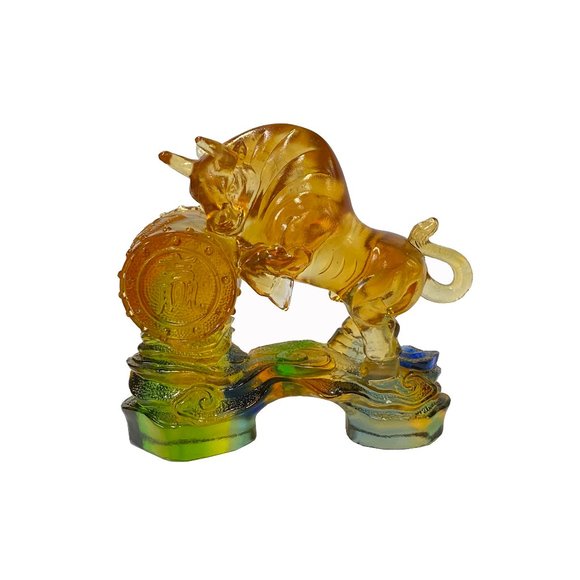 Crystal Glass Liuli Pate-de-verre Golden Orange Buffalo Display Figure ws2113